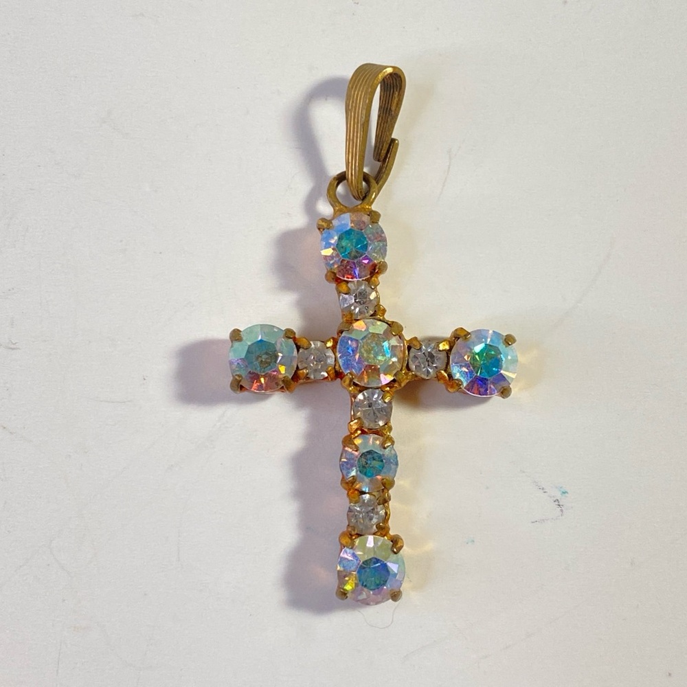 Vintage aurora borealis rhinestone cross pendant gold tone